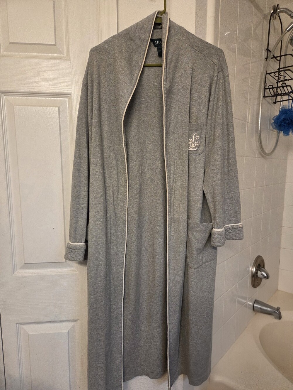 Lauren Ralph Lauren Heather Gray Long Open Robe with White Trim